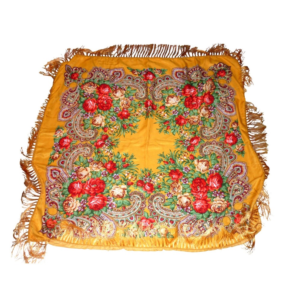 Vintage Folk Floral Paisley Fringe Shawl 43x43 Mustard Gold Red Rose Wrap